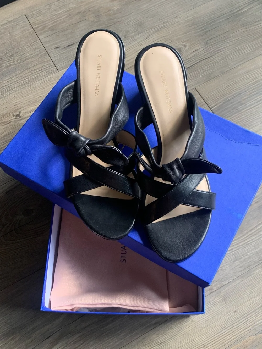 Stuart Weitzman Black Leather Bandeau Slide Sandal Bow 8